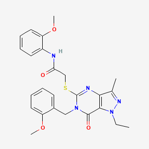 molecular formula C25H27N5O4S B2740395 2-((1-ethyl-6-(2-methoxybenzyl)-3-methyl-7-oxo-6,7-dihydro-1H-pyrazolo[4,3-d]pyrimidin-5-yl)thio)-N-(2-methoxyphenyl)acetamide CAS No. 1359310-83-0