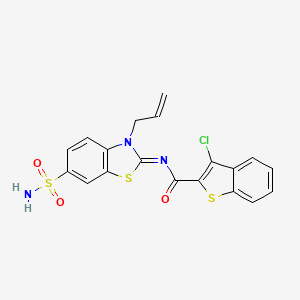molecular formula C19H14ClN3O3S3 B2740408 3-chloro-N-[(2Z)-3-(prop-2-en-1-yl)-6-sulfamoyl-2,3-dihydro-1,3-benzothiazol-2-ylidene]-1-benzothiophene-2-carboxamide CAS No. 1164495-91-3