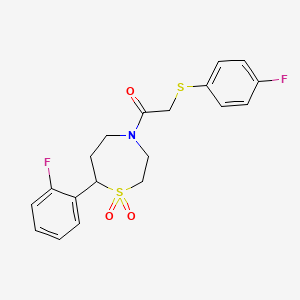 molecular formula C19H19F2NO3S2 B2740531 7-(2-fluorophenyl)-4-{2-[(4-fluorophenyl)sulfanyl]acetyl}-1lambda6,4-thiazepane-1,1-dione CAS No. 2210054-81-0