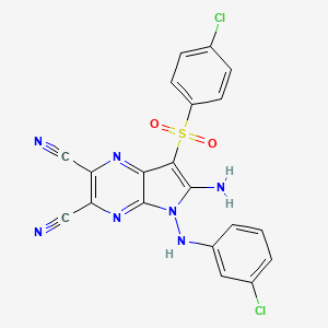 molecular formula C20H11Cl2N7O2S B2740539 6-Amino-5-((3-chlorophenyl)amino)-7-((4-chlorophenyl)sulfonyl)-5H-pyrrolo[2,3-b]pyrazine-2,3-dicarbonitrile CAS No. 691396-67-5