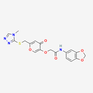 molecular formula C18H16N4O6S B2740551 N-(2H-1,3-benzodioxol-5-yl)-2-[(6-{[(4-methyl-4H-1,2,4-triazol-3-yl)sulfanyl]methyl}-4-oxo-4H-pyran-3-yl)oxy]acetamide CAS No. 899745-20-1