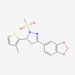 molecular formula C16H16N2O4S2 B2740961 3-(2H-1,3-benzodioxol-5-yl)-1-methanesulfonyl-5-(3-methylthiophen-2-yl)-4,5-dihydro-1H-pyrazole CAS No. 946226-26-2