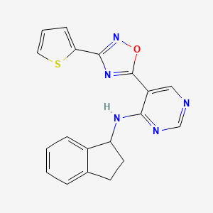 molecular formula C19H15N5OS B2741049 N-(2,3-dihydro-1H-inden-1-yl)-5-(3-(thiophen-2-yl)-1,2,4-oxadiazol-5-yl)pyrimidin-4-amine CAS No. 2034570-78-8