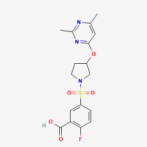 molecular formula C17H18FN3O5S B2741065 5-({3-[(2,6-Dimethylpyrimidin-4-yl)oxy]pyrrolidin-1-yl}sulfonyl)-2-fluorobenzoic acid CAS No. 2097930-78-2
