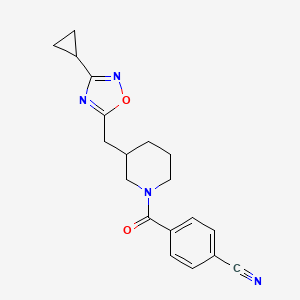 molecular formula C19H20N4O2 B2741131 4-(3-((3-Cyclopropyl-1,2,4-oxadiazol-5-yl)methyl)piperidine-1-carbonyl)benzonitrile CAS No. 1706103-63-0