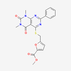 molecular formula C21H18N4O5S B2741431 Methyl 5-(((6,8-dimethyl-5,7-dioxo-2-phenyl-5,6,7,8-tetrahydropyrimido[4,5-d]pyrimidin-4-yl)thio)methyl)furan-2-carboxylate CAS No. 896677-64-8