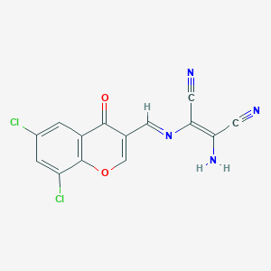 molecular formula C14H6Cl2N4O2 B2741447 (2Z)-2-amino-3-[(E)-[(6,8-dichloro-4-oxo-4H-chromen-3-yl)methylidene]amino]but-2-enedinitrile CAS No. 1024826-43-4