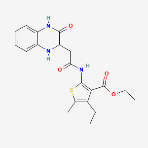 molecular formula C20H23N3O4S B2741501 Ethyl 4-ethyl-5-methyl-2-{[(3-oxo-1,2,3,4-tetrahydroquinoxalin-2-yl)acetyl]amino}thiophene-3-carboxylate CAS No. 1025032-08-9