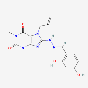 molecular formula C17H18N6O4 B2741741 (E)-7-allyl-8-(2-(2,4-dihydroxybenzylidene)hydrazinyl)-1,3-dimethyl-1H-purine-2,6(3H,7H)-dione CAS No. 377050-47-0