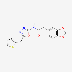 molecular formula C16H13N3O4S B2741748 2-(benzo[d][1,3]dioxol-5-yl)-N-(5-(thiophen-2-ylmethyl)-1,3,4-oxadiazol-2-yl)acetamide CAS No. 1049244-53-2