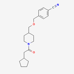 molecular formula C21H28N2O2 B2741751 4-(((1-(2-Cyclopentylacetyl)piperidin-4-yl)methoxy)methyl)benzonitrile CAS No. 1396872-59-5