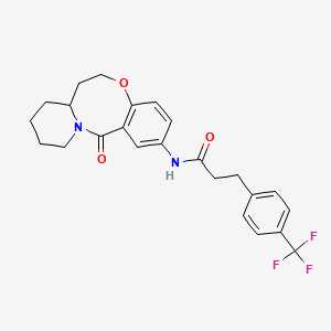 molecular formula C24H25F3N2O3 B2741990 N-{2-oxo-9-oxa-1-azatricyclo[10.4.0.0^{3,8}]hexadeca-3,5,7-trien-5-yl}-3-[4-(trifluoromethyl)phenyl]propanamide CAS No. 1797791-70-8