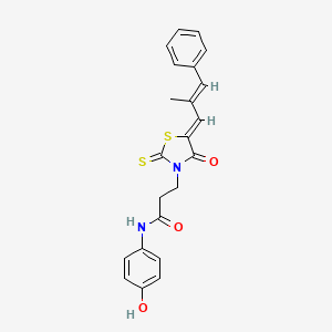 molecular formula C22H20N2O3S2 B2742107 N-(4-hydroxyphenyl)-3-((Z)-5-((E)-2-methyl-3-phenylallylidene)-4-oxo-2-thioxothiazolidin-3-yl)propanamide CAS No. 469876-18-4