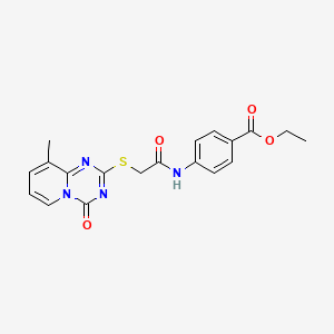 molecular formula C19H18N4O4S B2742218 ethyl 4-[2-({9-methyl-4-oxo-4H-pyrido[1,2-a][1,3,5]triazin-2-yl}sulfanyl)acetamido]benzoate CAS No. 896341-52-9