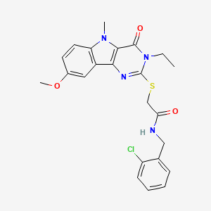 molecular formula C23H23ClN4O3S B2742408 N-[(2-chlorophenyl)methyl]-2-({3-ethyl-8-methoxy-5-methyl-4-oxo-3H,4H,5H-pyrimido[5,4-b]indol-2-yl}sulfanyl)acetamide CAS No. 1112399-57-1