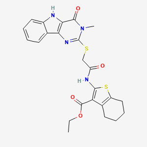 molecular formula C24H24N4O4S2 B2742435 ethyl 2-[2-({3-methyl-4-oxo-3H,4H,5H-pyrimido[5,4-b]indol-2-yl}sulfanyl)acetamido]-4,5,6,7-tetrahydro-1-benzothiophene-3-carboxylate CAS No. 537668-05-6