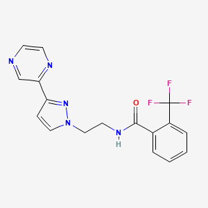 molecular formula C17H14F3N5O B2742467 N-(2-(3-(pyrazin-2-yl)-1H-pyrazol-1-yl)ethyl)-2-(trifluoromethyl)benzamide CAS No. 2034290-17-8