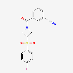 molecular formula C17H13FN2O3S B2742639 3-(3-((4-Fluorophenyl)sulfonyl)azetidine-1-carbonyl)benzonitrile CAS No. 1448031-52-4