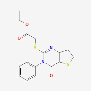molecular formula C16H16N2O3S2 B2742657 ethyl 2-({4-oxo-3-phenyl-3H,4H,6H,7H-thieno[3,2-d]pyrimidin-2-yl}sulfanyl)acetate CAS No. 686770-97-8