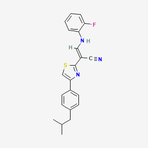 molecular formula C22H20FN3S B2742891 (2E)-3-[(2-fluorophenyl)amino]-2-{4-[4-(2-methylpropyl)phenyl]-1,3-thiazol-2-yl}prop-2-enenitrile CAS No. 476676-47-8