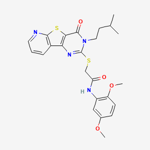 molecular formula C24H26N4O4S2 B2742892 N-(2,5-dimethoxyphenyl)-2-[[5-(3-methylbutyl)-6-oxo-8-thia-3,5,10-triazatricyclo[7.4.0.02,7]trideca-1(9),2(7),3,10,12-pentaen-4-yl]sulfanyl]acetamide CAS No. 1243071-21-7
