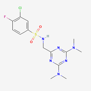 molecular formula C14H18ClFN6O2S B2742983 N-((4,6-bis(dimethylamino)-1,3,5-triazin-2-yl)methyl)-3-chloro-4-fluorobenzenesulfonamide CAS No. 2034573-72-1