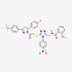 molecular formula C35H30FN7O6S B2743167 N-((5-((2-(5-(4-fluorophenyl)-3-(4-methoxyphenyl)-4,5-dihydro-1H-pyrazol-1-yl)-2-oxoethyl)thio)-4-(4-nitrophenyl)-4H-1,2,4-triazol-3-yl)methyl)-2-methoxybenzamide CAS No. 393583-25-0