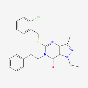 molecular formula C23H23ClN4OS B2743566 5-((2-chlorobenzyl)thio)-1-ethyl-3-methyl-6-phenethyl-1H-pyrazolo[4,3-d]pyrimidin-7(6H)-one CAS No. 1359317-46-6