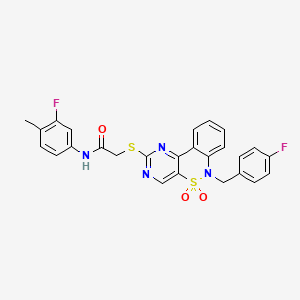 molecular formula C26H20F2N4O3S2 B2743869 N-(3-fluoro-4-methylphenyl)-2-({9-[(4-fluorophenyl)methyl]-8,8-dioxo-8lambda6-thia-3,5,9-triazatricyclo[8.4.0.0^{2,7}]tetradeca-1(14),2(7),3,5,10,12-hexaen-4-yl}sulfanyl)acetamide CAS No. 895098-06-3