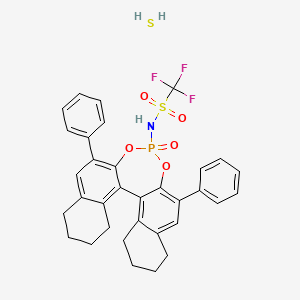molecular formula C33H31F3NO5PS2 B2743979 sulfane;1,1,1-trifluoro-N-(13-oxo-10,16-diphenyl-12,14-dioxa-13λ5-phosphapentacyclo[13.8.0.02,11.03,8.018,23]tricosa-1(23),2,8,10,15,17-hexaen-13-yl)methanesulfonamide CAS No. 1773513-29-3