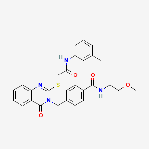 molecular formula C28H28N4O4S B2744108 N-(2-methoxyethyl)-4-{[2-({[(3-methylphenyl)carbamoyl]methyl}sulfanyl)-4-oxo-3,4-dihydroquinazolin-3-yl]methyl}benzamide CAS No. 1115434-33-7