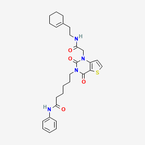 molecular formula C28H34N4O4S B2744124 6-[1-({[2-(cyclohex-1-en-1-yl)ethyl]carbamoyl}methyl)-2,4-dioxo-1H,2H,3H,4H-thieno[3,2-d]pyrimidin-3-yl]-N-phenylhexanamide CAS No. 866013-44-7