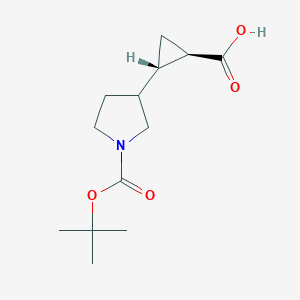 molecular formula C13H21NO4 B2744347 rac-(1R,2S)-2-{1-[(tert-butoxy)carbonyl]pyrrolidin-3-yl}cyclopropane-1-carboxylic acid, trans CAS No. 2351680-76-5