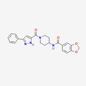 molecular formula C23H22N4O4 B2744507 N-(1-(3-phenyl-1H-pyrazole-5-carbonyl)piperidin-4-yl)benzo[d][1,3]dioxole-5-carboxamide CAS No. 1319121-47-5