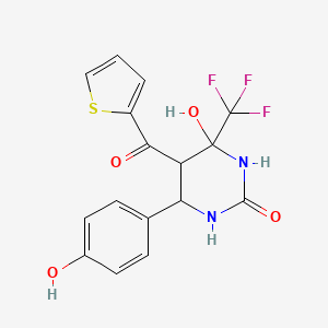 molecular formula C16H13F3N2O4S B2744589 4-Hydroxy-6-(4-hydroxyphenyl)-5-(thiophene-2-carbonyl)-4-(trifluoromethyl)-1,3-diazinan-2-one CAS No. 374807-22-4