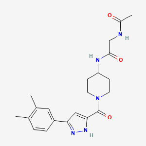 molecular formula C21H27N5O3 B2744794 2-乙酰胺基-N-(1-(3-(3,4-二甲基苯基)-1H-吡唑-5-甲酰)哌啶-4-基)乙酰胺 CAS No. 1319152-61-8