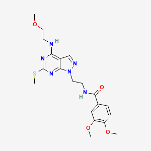 molecular formula C20H26N6O4S B2744813 3,4-二甲氧基-N-(2-(4-((2-甲氧基乙基)氨基)-6-(甲硫基)-1H-吡唑并[3,4-d]嘧啶-1-基)乙基)苯甲酰胺 CAS No. 946282-53-7