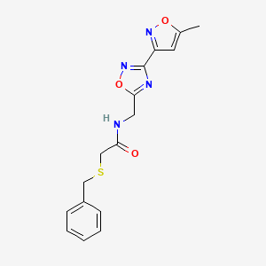 molecular formula C16H16N4O3S B2744818 2-(苄基硫)-N-((3-(5-甲基异噁唑-3-基)-1,2,4-噁二唑-5-基)甲基)乙酰胺 CAS No. 2034321-19-0