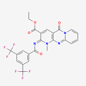 molecular formula C24H16F6N4O4 B2745124 ethyl 6-[3,5-bis(trifluoromethyl)benzoyl]imino-7-methyl-2-oxo-1,7,9-triazatricyclo[8.4.0.03,8]tetradeca-3(8),4,9,11,13-pentaene-5-carboxylate CAS No. 685859-52-3