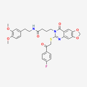 molecular formula C31H30FN3O7S B2745147 N-[2-(3,4-dimethoxyphenyl)ethyl]-4-(6-{[2-(4-fluorophenyl)-2-oxoethyl]sulfanyl}-8-oxo-2H,7H,8H-[1,3]dioxolo[4,5-g]quinazolin-7-yl)butanamide CAS No. 688060-40-4