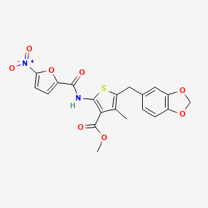 molecular formula C20H16N2O8S B2745434 Methyl 5-(benzo[d][1,3]dioxol-5-ylmethyl)-4-methyl-2-(5-nitrofuran-2-carboxamido)thiophene-3-carboxylate CAS No. 476366-82-2