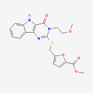 molecular formula C20H19N3O5S B2745505 methyl 5-({[3-(2-methoxyethyl)-4-oxo-3H,4H,5H-pyrimido[5,4-b]indol-2-yl]sulfanyl}methyl)furan-2-carboxylate CAS No. 888441-41-6