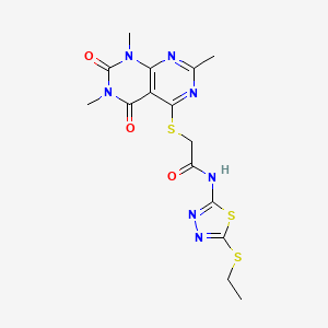 molecular formula C15H17N7O3S3 B2745623 N-(5-(ethylthio)-1,3,4-thiadiazol-2-yl)-2-((2,6,8-trimethyl-5,7-dioxo-5,6,7,8-tetrahydropyrimido[4,5-d]pyrimidin-4-yl)thio)acetamide CAS No. 852168-56-0