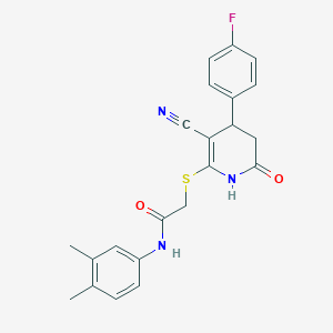 molecular formula C22H20FN3O2S B2745706 2-((3-cyano-4-(4-fluorophenyl)-6-oxo-1,4,5,6-tetrahydropyridin-2-yl)thio)-N-(3,4-dimethylphenyl)acetamide CAS No. 383892-33-9