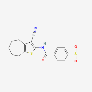 molecular formula C18H18N2O3S2 B2745717 N-(3-cyano-5,6,7,8-tetrahydro-4H-cyclohepta[b]thiophen-2-yl)-4-(methylsulfonyl)benzamide CAS No. 896342-46-4