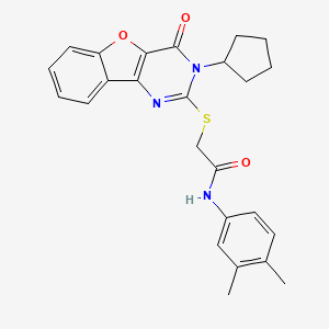 molecular formula C25H25N3O3S B2745730 2-[(3-cyclopentyl-4-oxo-3,4-dihydro[1]benzofuro[3,2-d]pyrimidin-2-yl)sulfanyl]-N-(3,4-dimethylphenyl)acetamide CAS No. 899962-38-0
