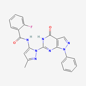 molecular formula C22H16FN7O2 B2745740 2-fluoro-N-(3-methyl-1-(4-oxo-1-phenyl-4,5-dihydro-1H-pyrazolo[3,4-d]pyrimidin-6-yl)-1H-pyrazol-5-yl)benzamide CAS No. 1172042-37-3
