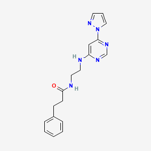 molecular formula C18H20N6O B2745801 N-(2-((6-(1H-pyrazol-1-yl)pyrimidin-4-yl)amino)ethyl)-3-phenylpropanamide CAS No. 1207030-97-4