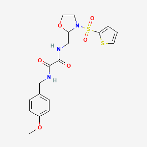 molecular formula C18H21N3O6S2 B2745893 N1-(4-methoxybenzyl)-N2-((3-(thiophen-2-ylsulfonyl)oxazolidin-2-yl)methyl)oxalamide CAS No. 874804-77-0