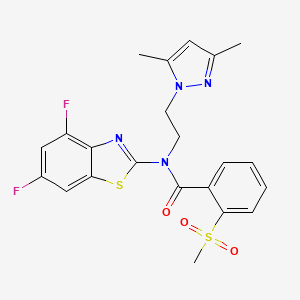 molecular formula C22H20F2N4O3S2 B2746054 N-(4,6-difluoro-1,3-benzothiazol-2-yl)-N-[2-(3,5-dimethyl-1H-pyrazol-1-yl)ethyl]-2-methanesulfonylbenzamide CAS No. 1171338-06-9